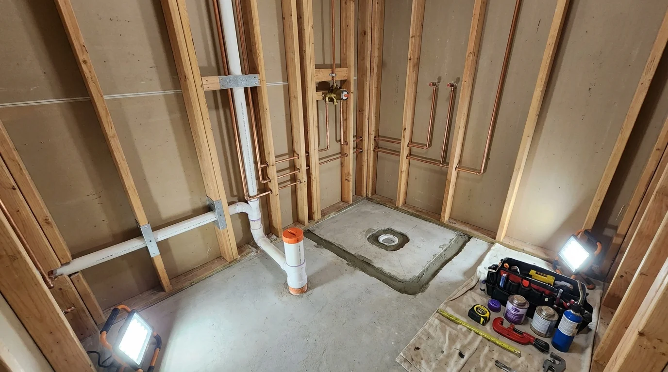 Bathroom rough-in plumbing during remodel by Johns Plumbing LLC in Sarasota