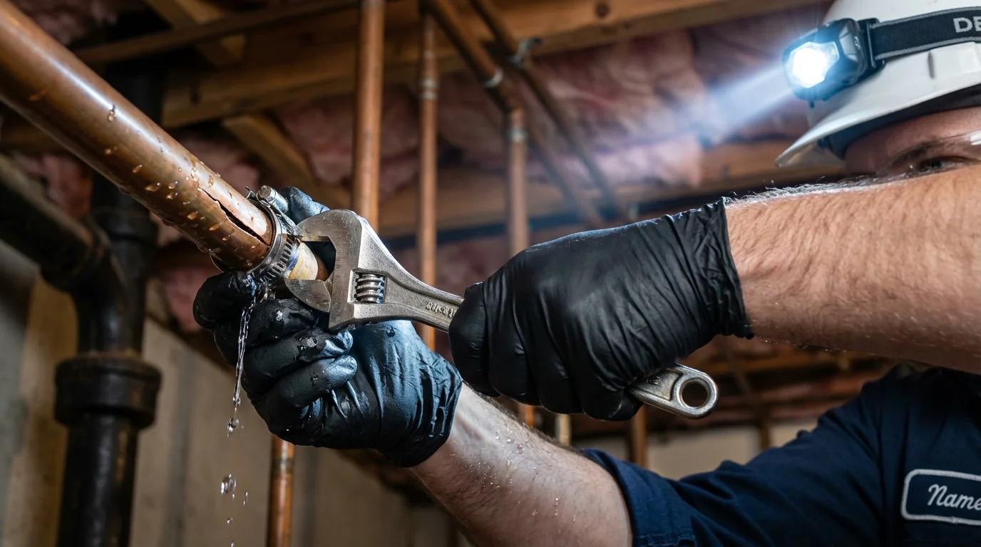 Emergency pipe clamp repair being performed by a Johns Plumbing LLC plumber in Sarasota