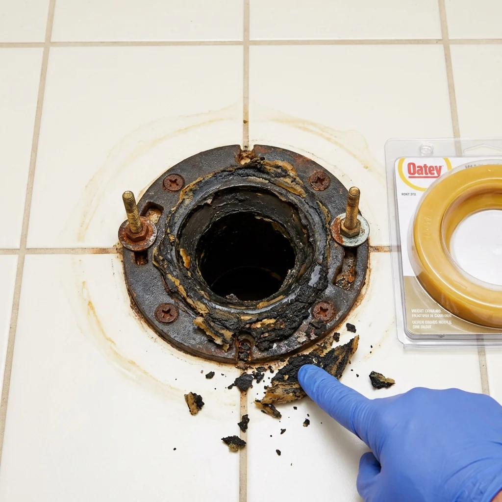 Failed wax ring showing water seepage at the base of a toilet in a Sarasota, FL home