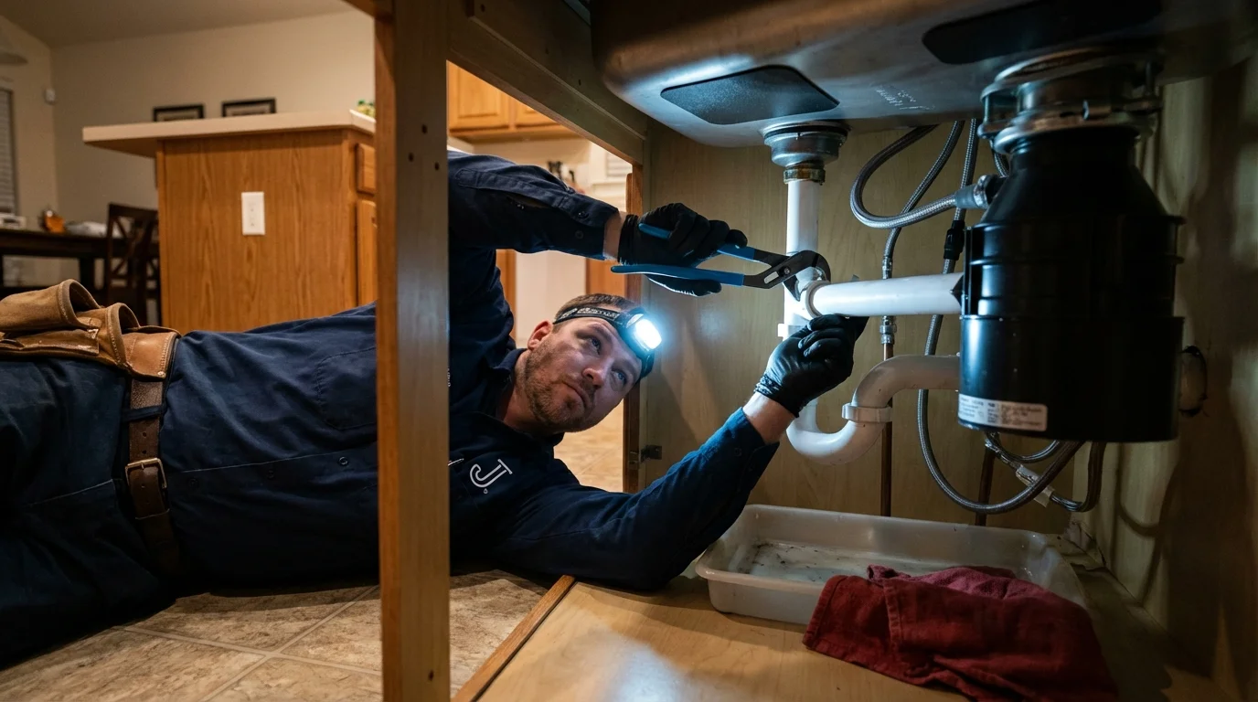 P-trap and supply line connections under a kitchen sink showing a common leak point in Sarasota, FL